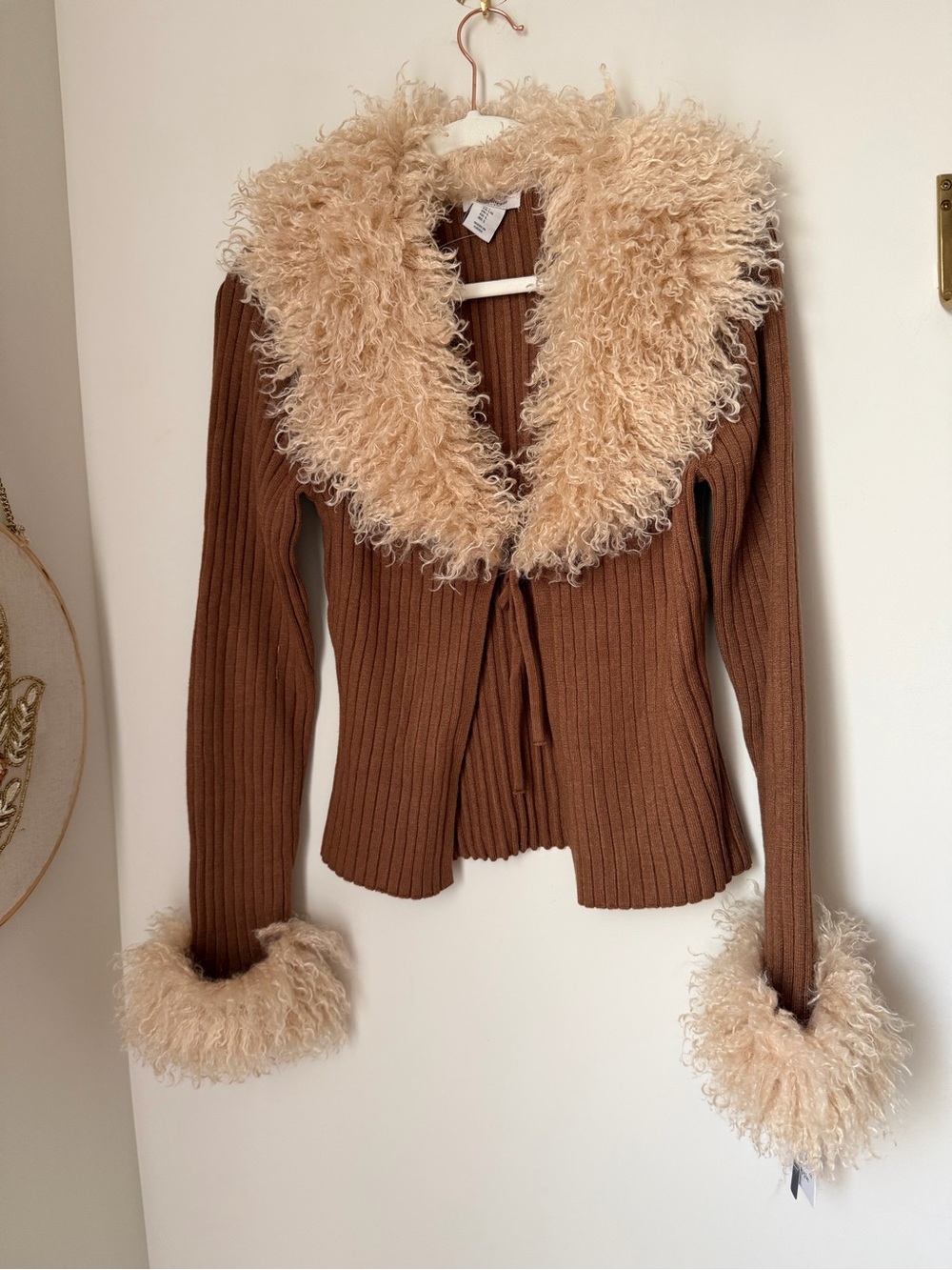 Brown Ribbed Tie-Front Cardigan with Cream Faux-Shearling Trim